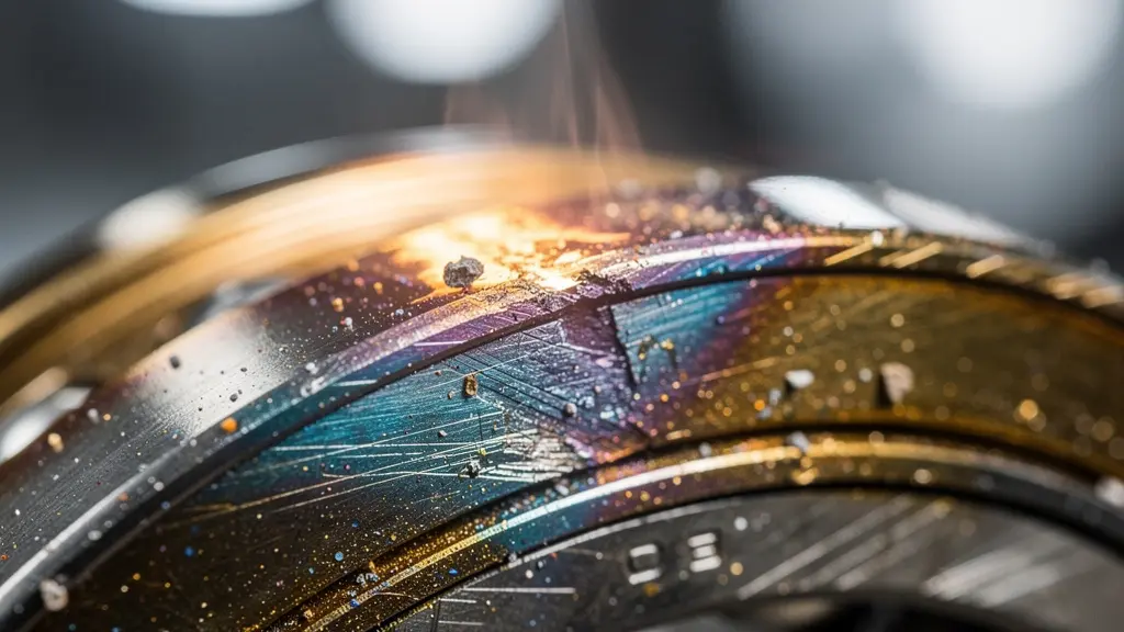 Vue macro d'un roulement industriel en rotation avec gradient thermique visible de bleu à orange