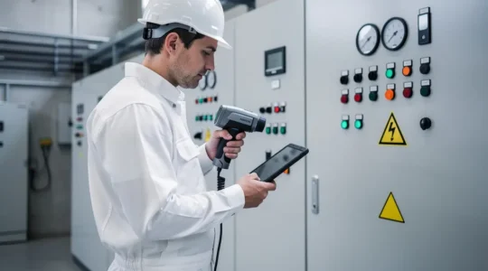 Technicien analysant des données thermographiques sur tablette devant armoire électrique industrielle avec caméra thermique