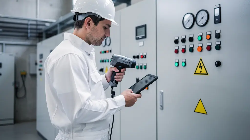 Technicien analysant des données thermographiques sur tablette devant armoire électrique industrielle avec caméra thermique