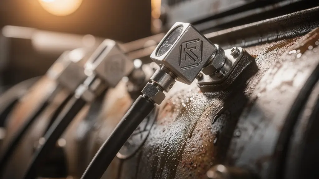 Gros plan sur des capteurs de vibration installés sur un moteur industriel avec visualisation des ondes vibratoires