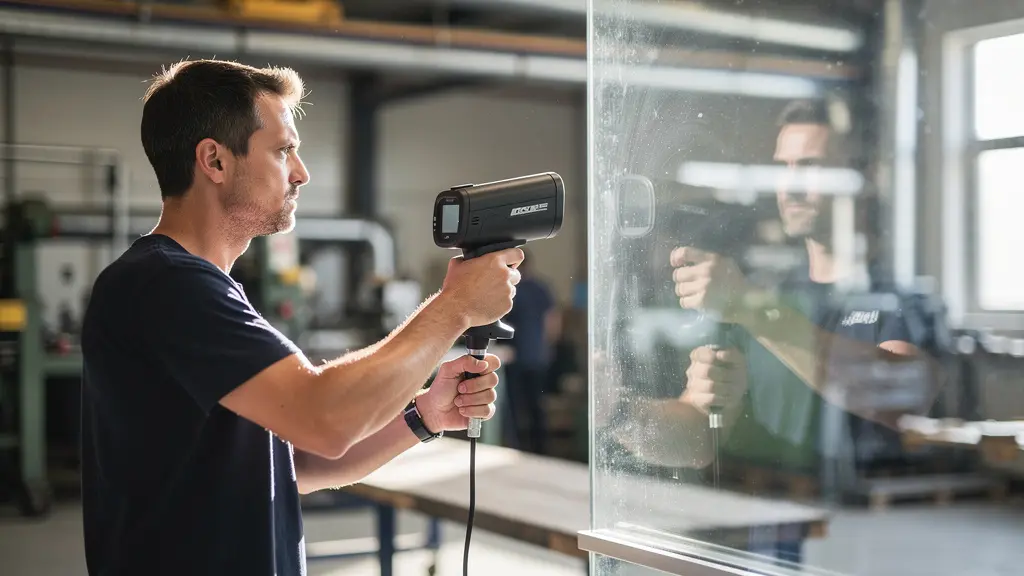 Vue latérale d'un technicien utilisant une caméra thermique selon différents angles face à une grande baie vitrée industrielle