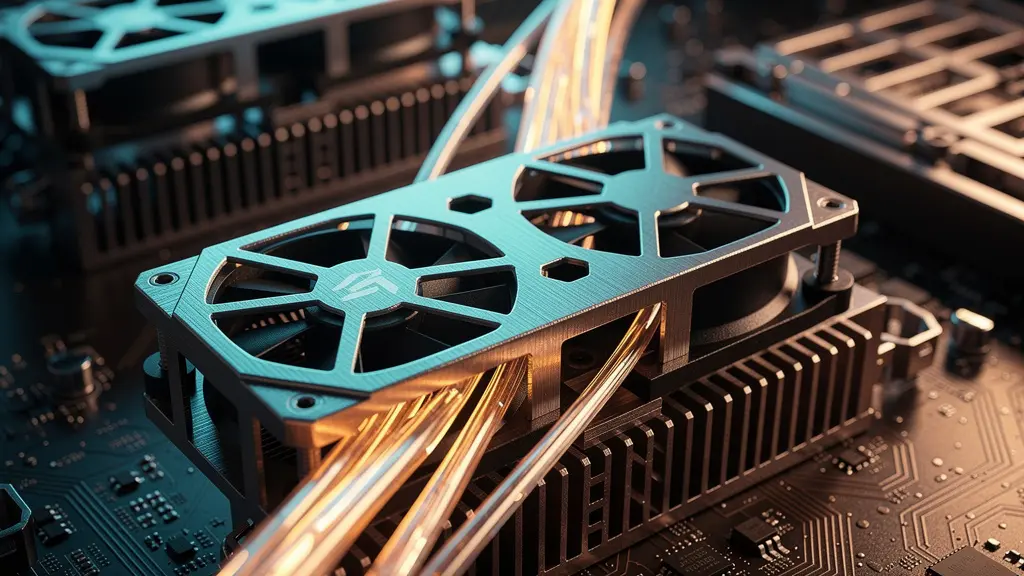 Serveur informatique moderne avec flux de données thermiques représentés par des faisceaux lumineux colorés