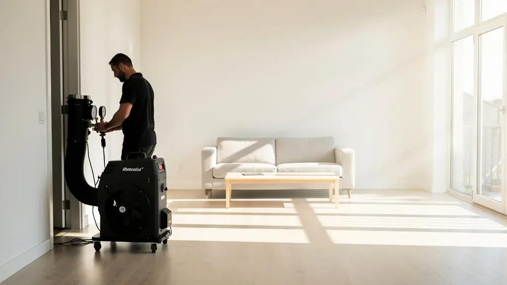 Test d'infiltrométrie avec porte soufflante lors d'un audit énergétique estival