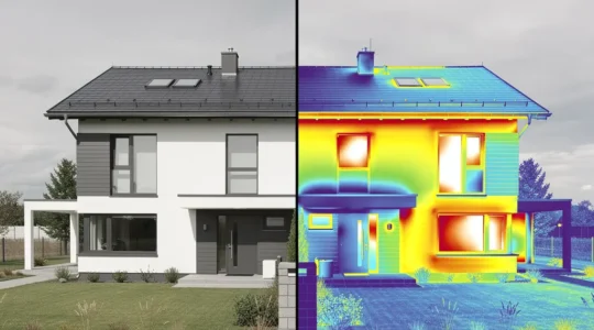 Comparaison visuelle entre un DPE basique et un audit énergétique complet avec thermographie infrarouge sur une maison individuelle