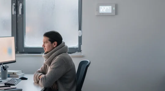 Vue d'un bureau moderne avec une personne travaillant à son ordinateur, portant une écharpe malgré le thermostat visible indiquant 22°C