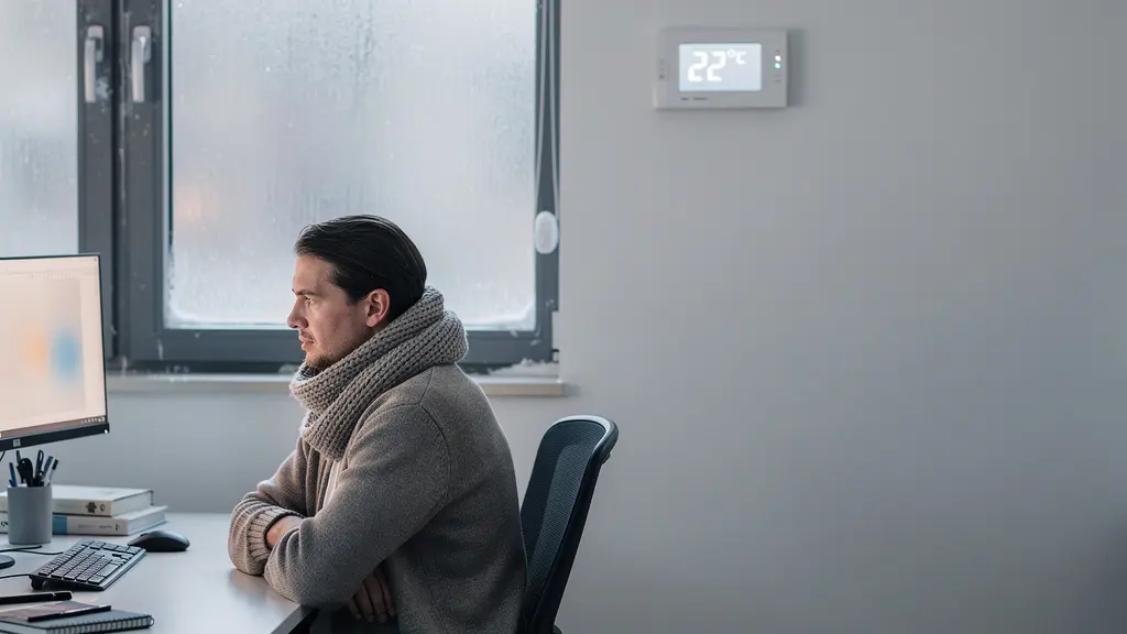 Vue d'un bureau moderne avec une personne travaillant à son ordinateur, portant une écharpe malgré le thermostat visible indiquant 22°C