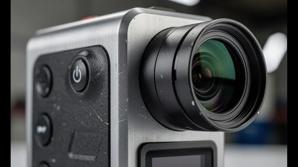 Détail macro d'une caméra thermique professionnelle avec textures métalliques et reflets