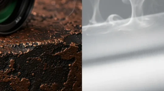 Vue rapprochée d'une caméra thermique professionnelle analysant des surfaces métalliques industrielles avec différentes émissivités