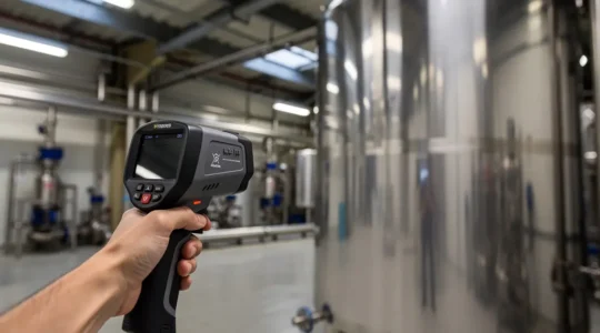 Gros plan d'une caméra thermique professionnelle visant une surface métallique brillante dans un environnement industriel