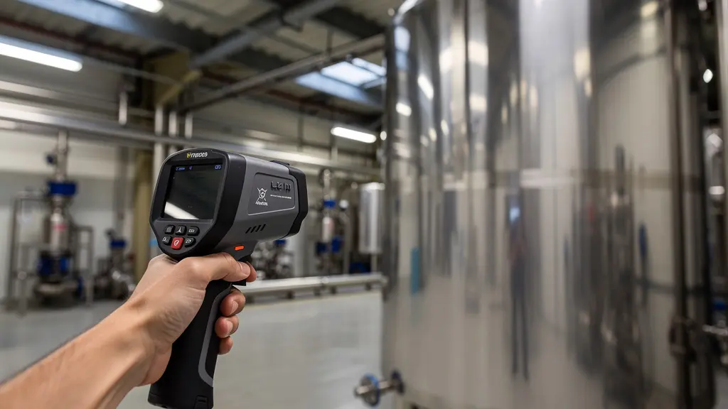 Gros plan d'une caméra thermique professionnelle visant une surface métallique brillante dans un environnement industriel