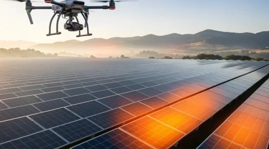 Vue aérienne d'une centrale photovoltaïque de 5 hectares avec drone d'inspection thermographique en survol