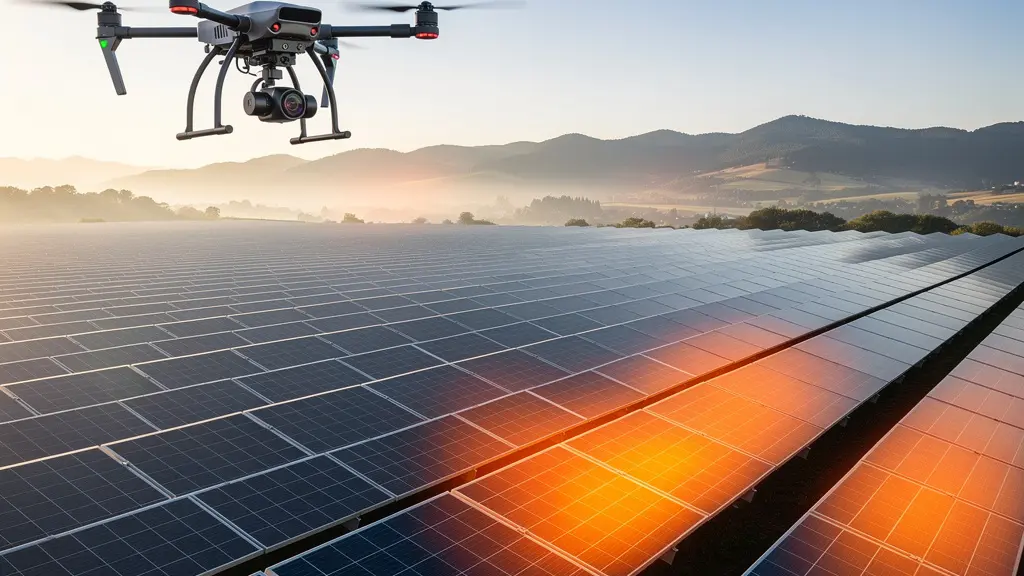 Vue aérienne d'une centrale photovoltaïque de 5 hectares avec drone d'inspection thermographique en survol