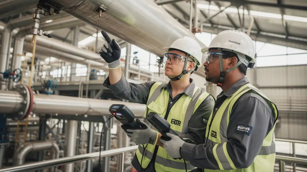 Techniciens inspectant un pipeline aérien avec équipements de contrôle non destructif dans un environnement industriel