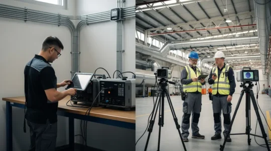 Vue comparée d'un technicien interne et d'un prestataire externe réalisant des inspections thermographiques industrielles