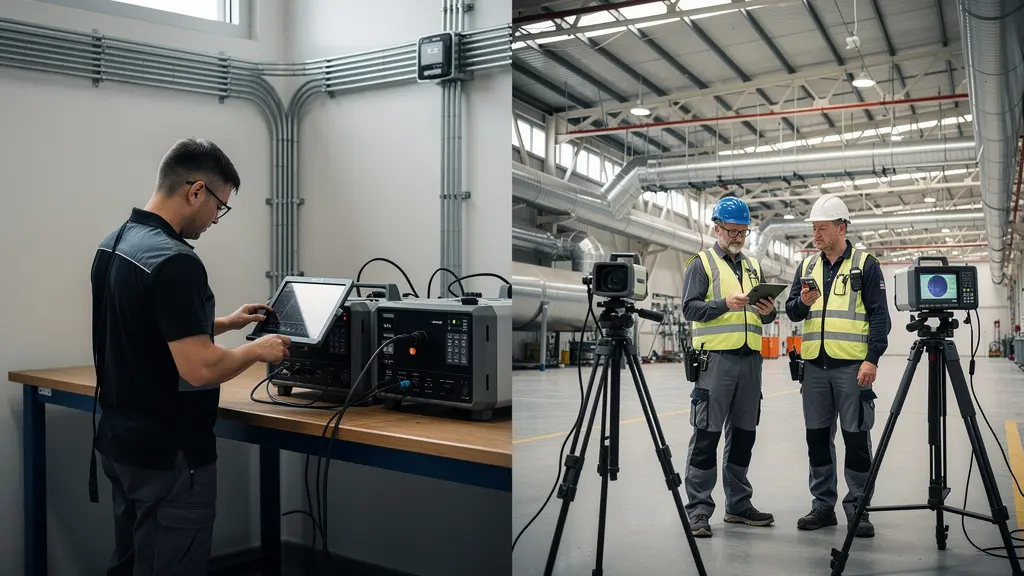 Vue comparée d'un technicien interne et d'un prestataire externe réalisant des inspections thermographiques industrielles