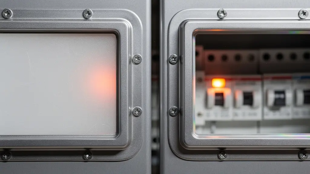 Gros plan macro sur deux hublots infrarouges montés côte à côte, montrant les différences de texture et de transparence des matériaux