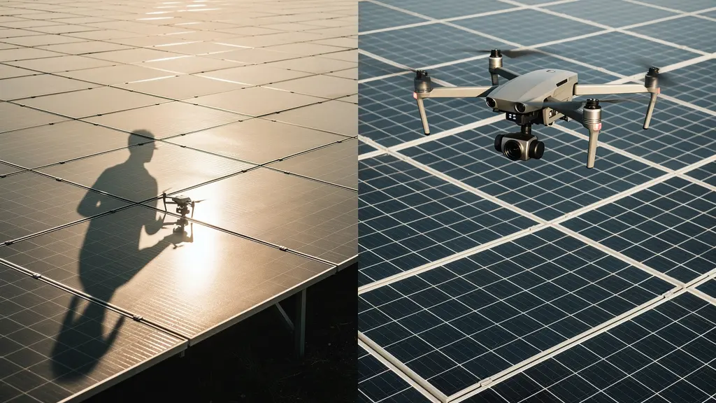Comparaison visuelle entre inspection manuelle et par drone d'une centrale solaire