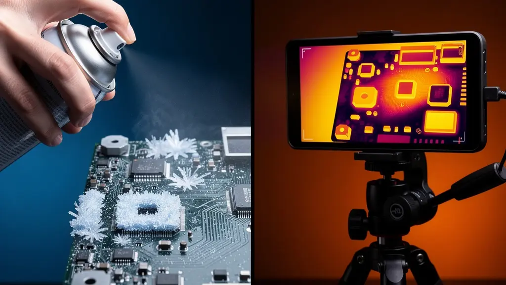 Comparaison visuelle entre technique au spray givrant et imagerie thermique sur carte électronique