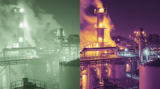 Vue comparative d'un site industriel la nuit montrant la différence entre vision nocturne et thermographie