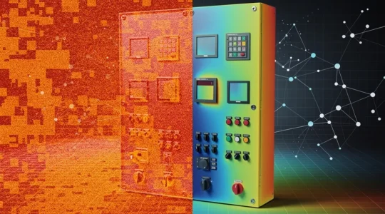 Deux écrans de caméra thermique côte à côte montrant la même scène industrielle avec des différences de traitement des données