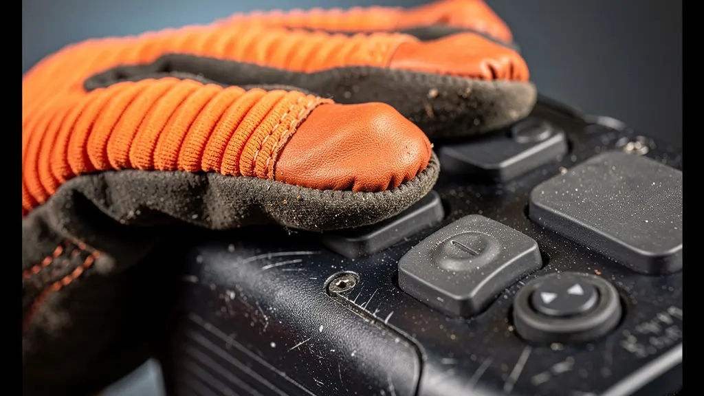 Gros plan sur les mains gantées manipulant les boutons physiques d'une caméra thermique