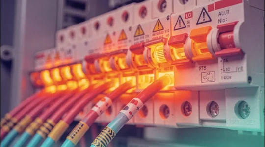 Vue thermographique d'une armoire électrique montrant des connexions en surchauffe par contraste de couleurs infrarouges.