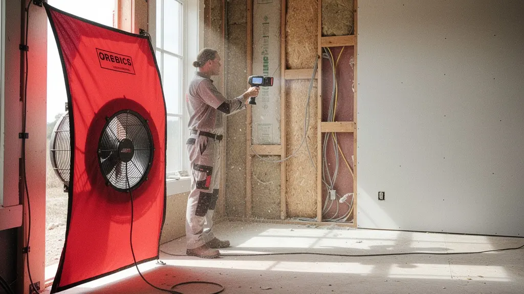 Vue en plan moyen d'un diagnostic thermographique en cours avec test Blower Door dans un bâtiment en rénovation