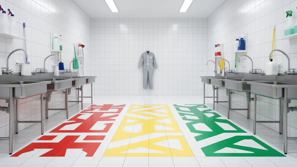 Espace de décontamination industriel minimaliste avec équipement de nettoyage professionnel