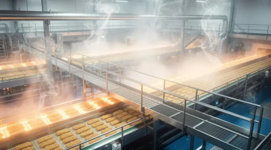 Vue d'ensemble d'une ligne de production agroalimentaire avec visualisation thermique des équipements