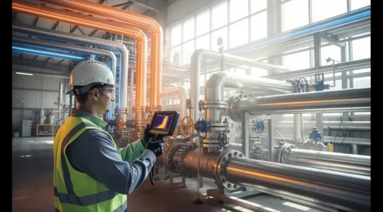 Technicien utilisant une caméra thermique pour inspecter une tuyauterie industrielle isolée montrant des zones de différentes températures