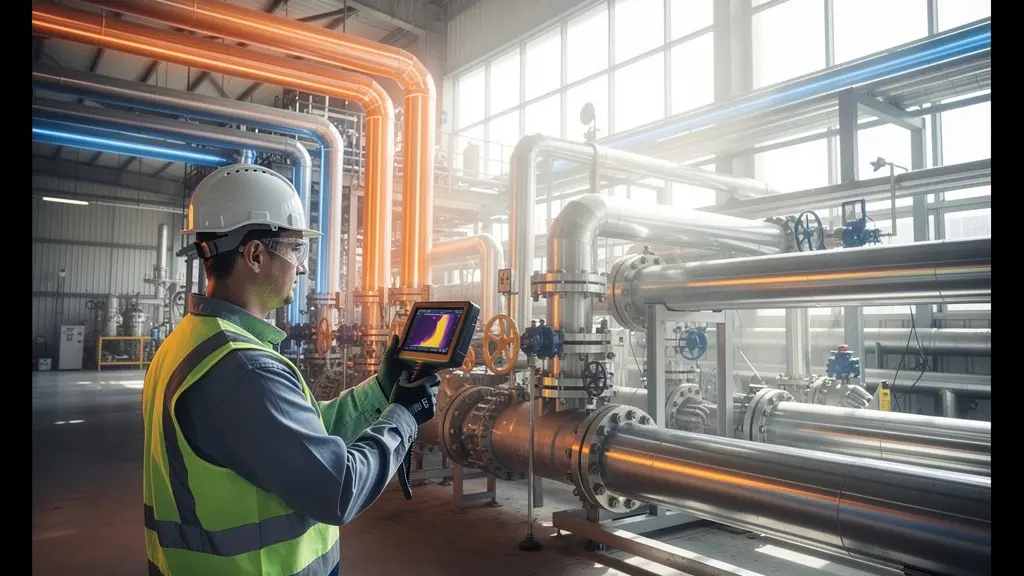 Technicien utilisant une caméra thermique pour inspecter une tuyauterie industrielle isolée montrant des zones de différentes températures