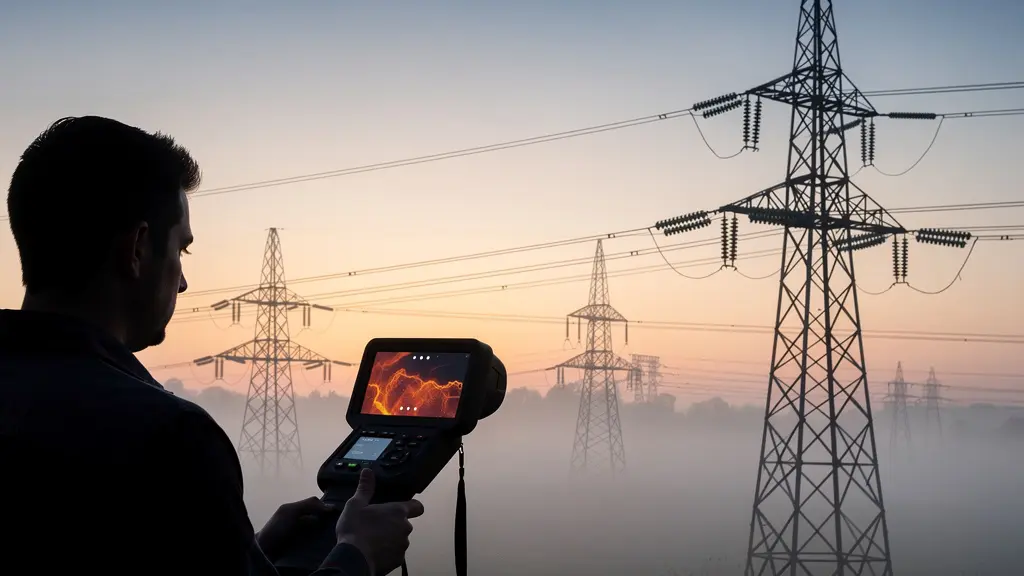 Inspection thermographique d'isolateurs haute tension montrant la détection d'un défaut invisible par caméra infrarouge