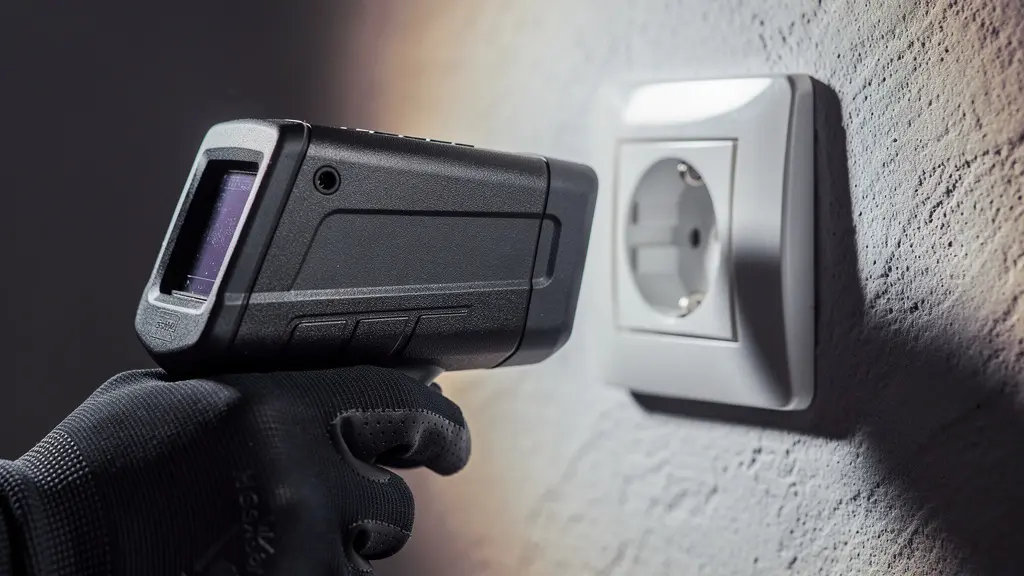 Vue rapprochée d'une main tenant une caméra thermique pointée vers une prise électrique murale montrant des variations de température