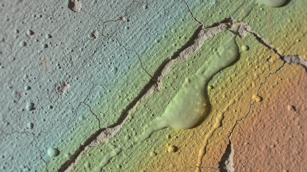 Vue macro d'une surface murale avec traces d'humidité révélées par caméra thermique