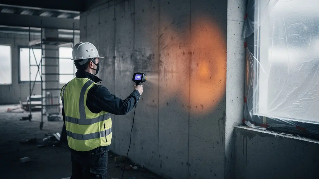 Inspection thermographique révélant des défauts d'isolation dans un mur de bâtiment