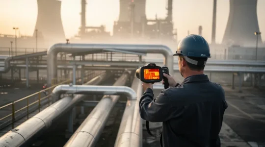 Inspection thermographique d'une tuyauterie industrielle isolée révélant des défauts cachés