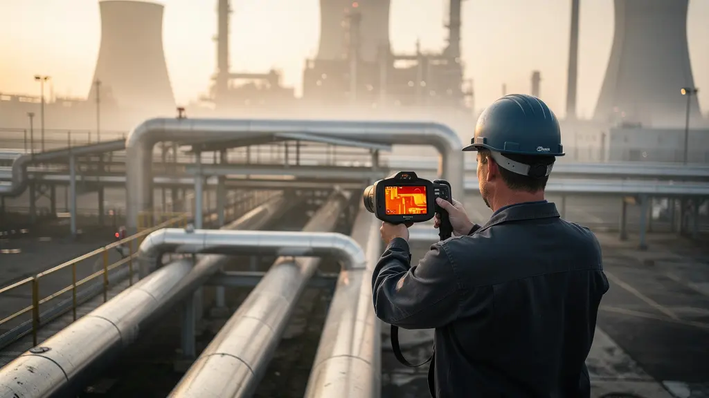 Inspection thermographique d'une tuyauterie industrielle isolée révélant des défauts cachés