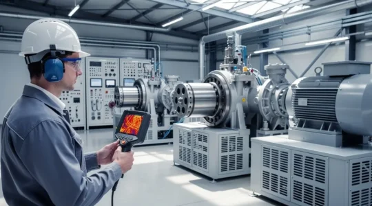 Technicien utilisant une caméra thermique pour inspecter des roulements industriels dans une usine
