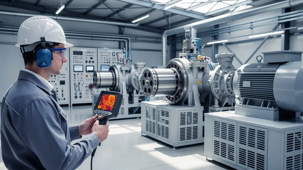 Technicien utilisant une caméra thermique pour inspecter des roulements industriels dans une usine