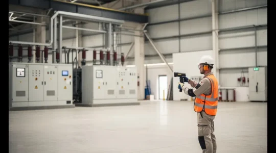 Vue détaillée d'un technicien analysant un gradient thermique sur un panneau électrique industriel avec caméra thermique