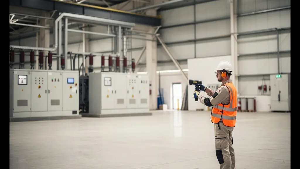 Vue détaillée d'un technicien analysant un gradient thermique sur un panneau électrique industriel avec caméra thermique
