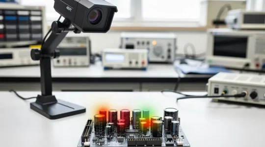 Vue de laboratoire électronique avec caméra thermique analysant un circuit imprimé complexe