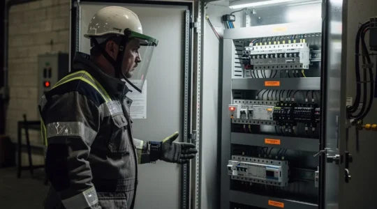 Technicien avec équipement de protection analysant une armoire électrique haute tension avec des voyants lumineux visibles, créant un contraste dramatique entre zones éclairées et ombres profondes