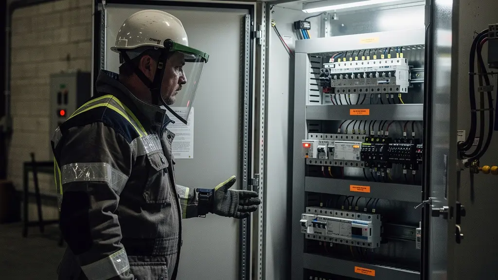 Technicien avec équipement de protection analysant une armoire électrique haute tension avec des voyants lumineux visibles, créant un contraste dramatique entre zones éclairées et ombres profondes