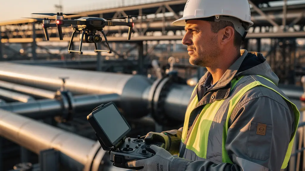 Drone survolant un réseau de pipelines avec caméra thermique embarquée