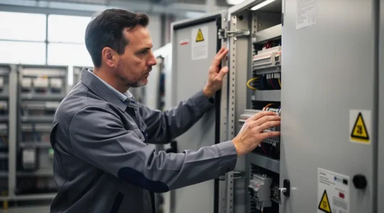 Technicien analysant une armoire électrique avec fusion d'images thermique et visible