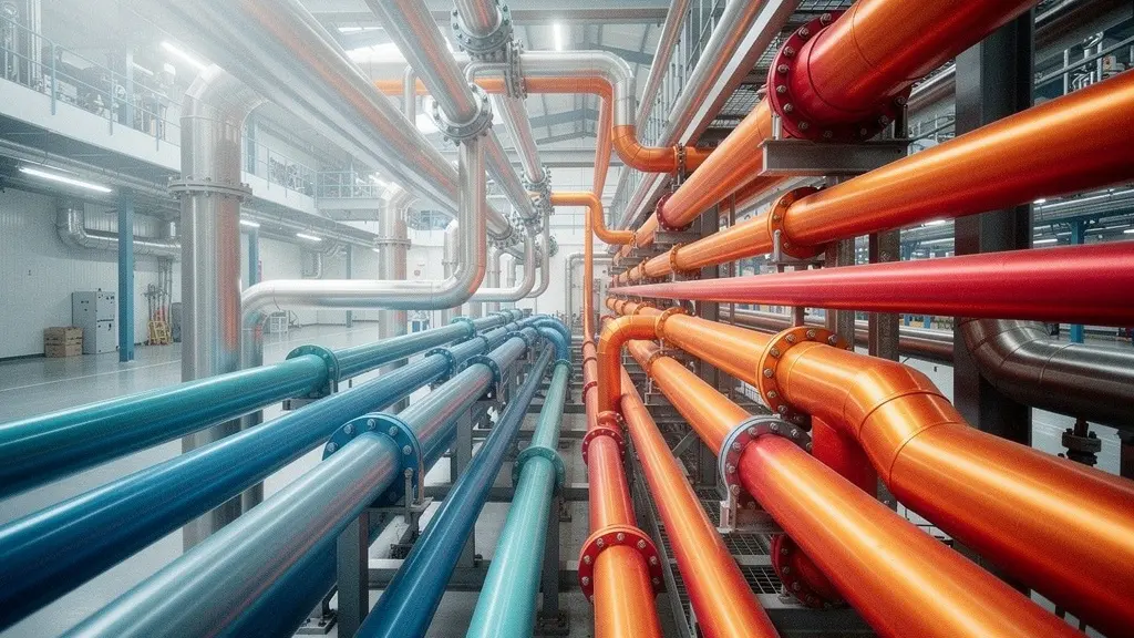 Vue minimaliste d'un échangeur thermique industriel montrant un gradient de température inversé