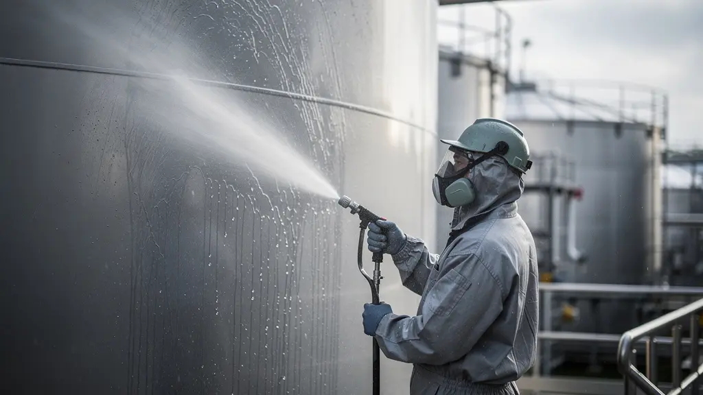 Technicien appliquant une brumisation contrôlée sur la paroi d'une cuve pour créer un gradient thermique