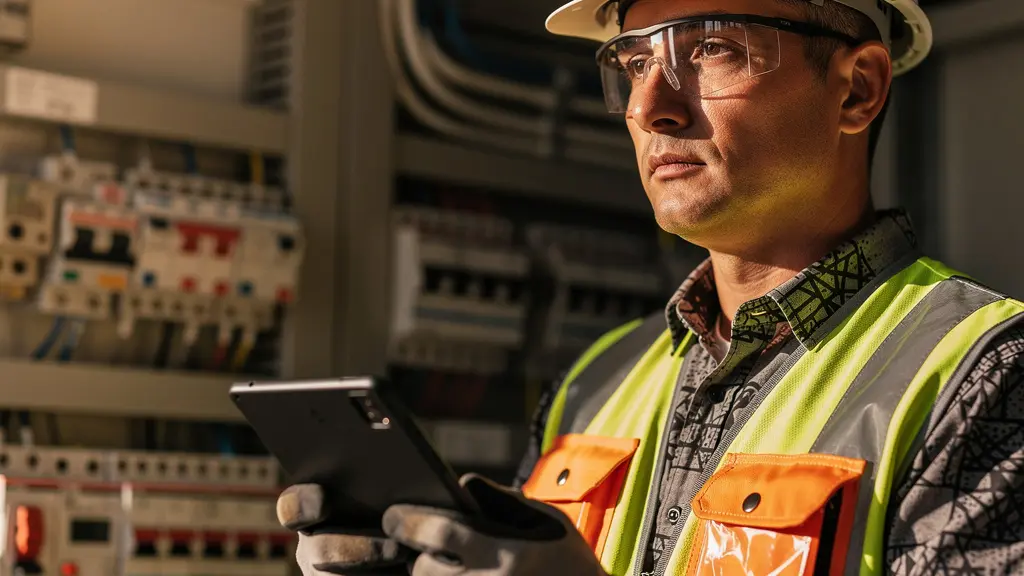 Technicien expert analysant des données sur tablette dans un environnement industriel avec armoires électriques