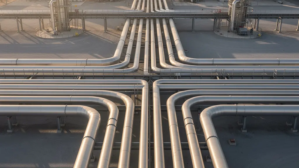 Vue aérienne d'un réseau de pipelines industriels isolés traversant une installation pétrochimique